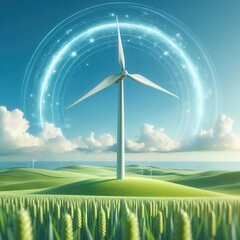 Obraz premium A serene landscape featuring a wind turbine surrounded by lush fields, symbolizing renewable energy and sustainable development.