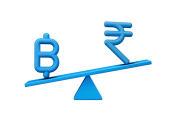 3d Blue Baht And Rupee Symbol Icons With 3d Blue Balance Weight Seesaw, 3d illustration
