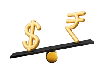 3d Golden Dollar And Rupee Symbol Icons With 3d Black Balance Weight Seesaw, 3d illustration
