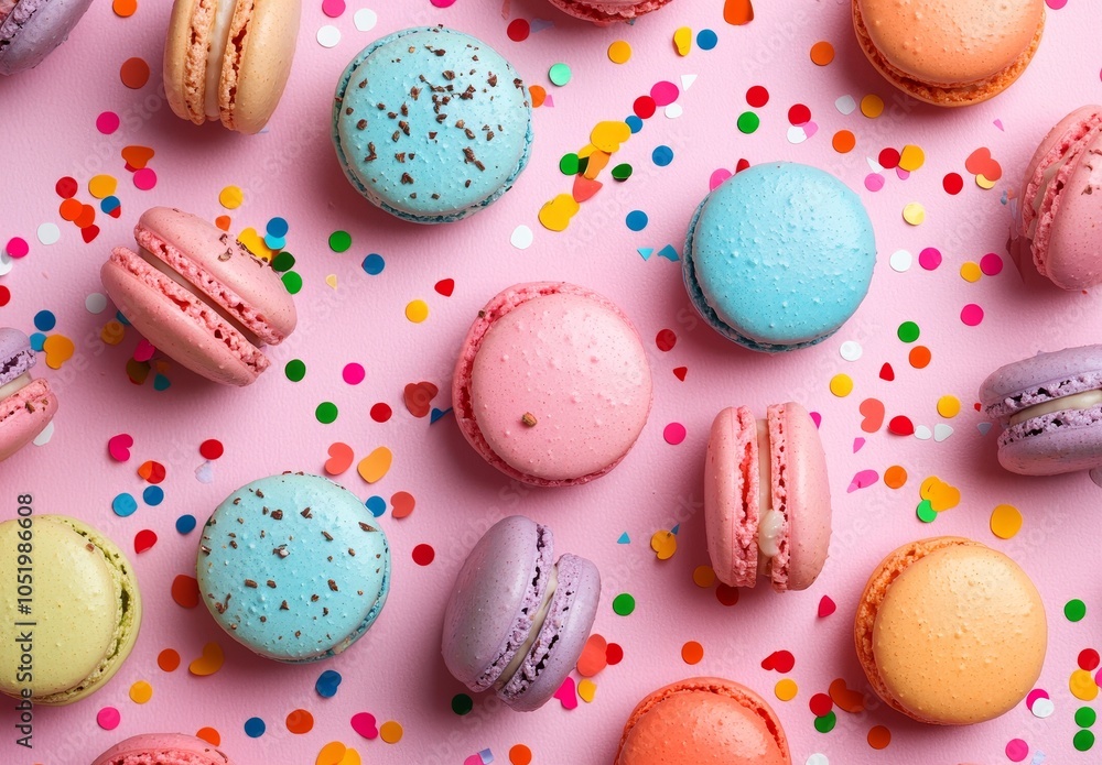 Poster macaron macaron scattered pattern seamless with color candy candies on pink background.