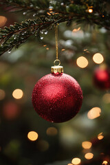 A red ornament hangs from a tree branch. The light from the Christmas tree is reflected in the ornament, creating a warm and festive atmosphere