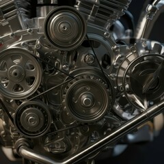 Fototapeta premium Complex engine mechanism, intricate gears and pulleys, metallic textures, industrial machinery, close-up detail, mechanical parts, automotive engineering, steampunk aesthetic, high contrast, silver an