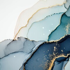 Obraz premium Abstract watercolor, fluid art, blue and white gradient, gold accents, ethereal textures, marbled effect, organic shapes, flowing patterns, delicate splatters, dreamy atmosphere, luxurious design, gen