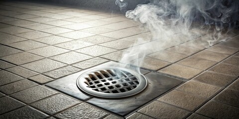 Unpleasant gas odor emitting from bathroom sewer drain hole on tiled floor