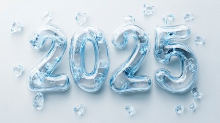 text "2025" in 3d word in inflated ice on a white background