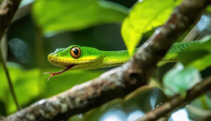 Obraz premium Green Snake with Red Tongue on a Branch in Lush Forest