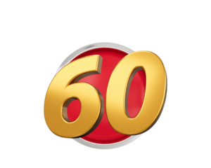 Gold Number 60 Gold Number Sixty On Rounded Red Icon with Particles, 3d illustration
