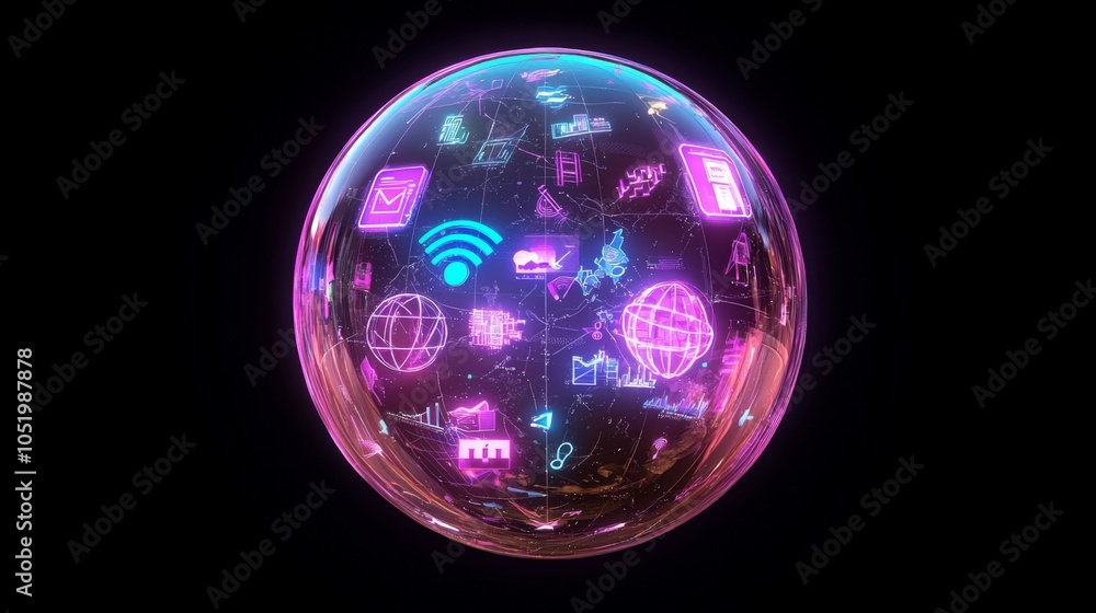 Sticker 3d globe with tech symbols like wi-fi, ai, and blockchain, showing global digital connectivity