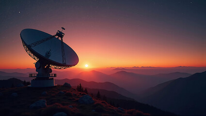 Landscape with radio telescopes on ground and satellites in starry night sky