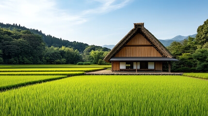 Obraz premium Traditional Japanese house beside green rice fields under clear blue sky.