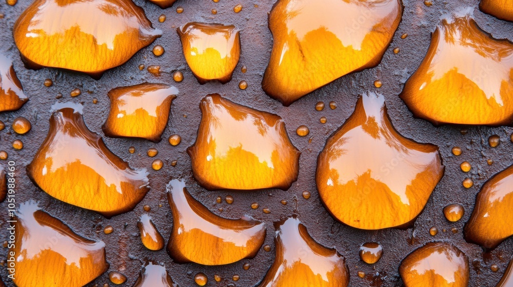 Poster golden raindrops on a textured surface create a mesmerizing abstract pattern, ai