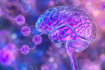 3D medical illustration of a human brain, highlighting Alzheimer’s disease progression in the hippocampus.A close up of a purple brain with a virus