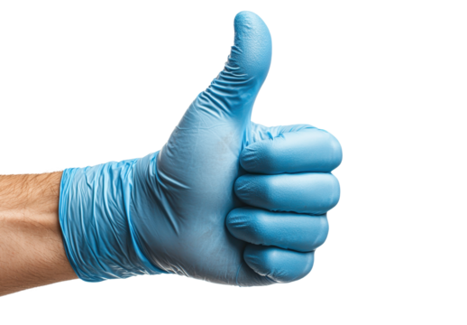 A gloved hand gives a thumbs-up gesture, symbolizing approval or satisfaction, set against a plain white background. transparent background - Powered by Adobe
