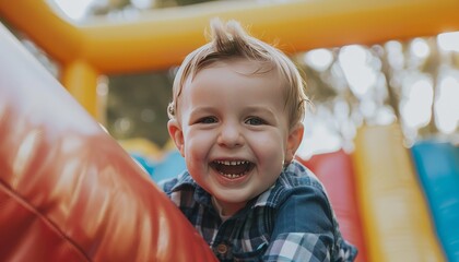 Joyful 2-Year-Old Bouncing on Inflatable Castle