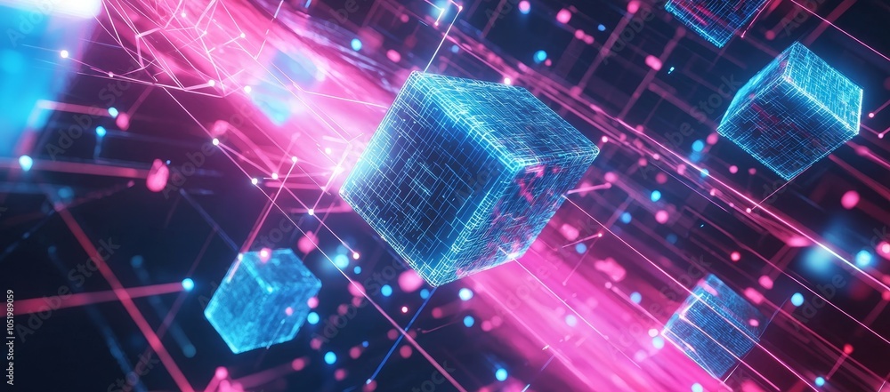 Poster Conceptual image of futuristic digital cubes on a network connecting to a metaverse.