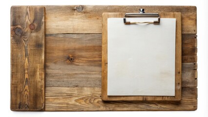 Rustic wooden menu board with blank paper and clip, isolated, with clipping path