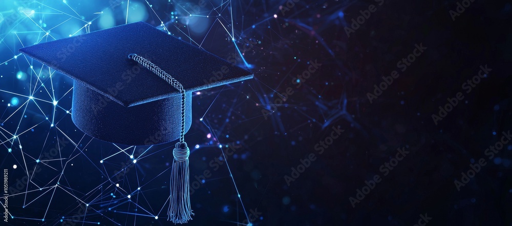 Poster an illustration of a glowing graduation cap with a low polygonal shape on a dark background.