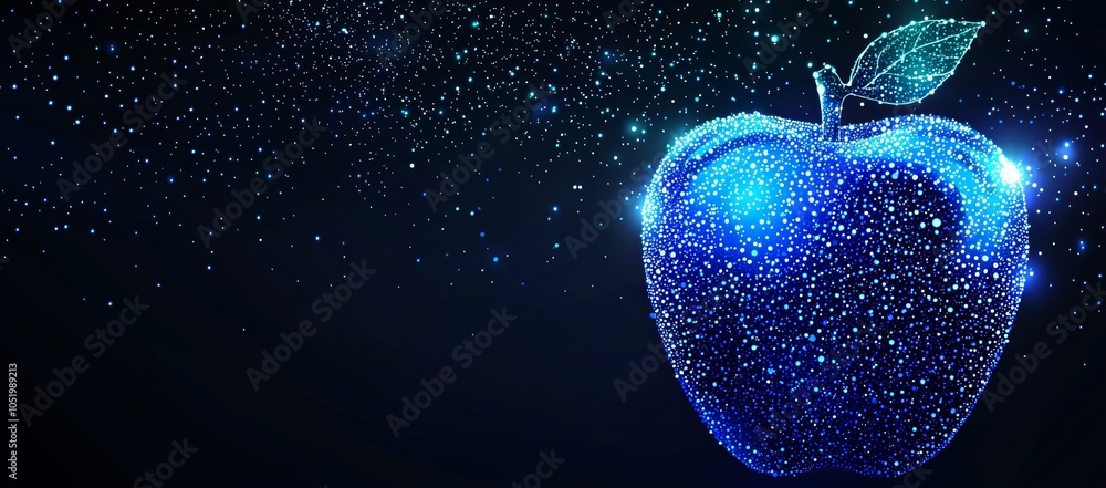 Poster blue background with low polygonal wireframe concept of apple fruit