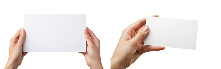 Two hands holding blank white cards against a white background, showcasing different angles and sizes of the cards. transparent background