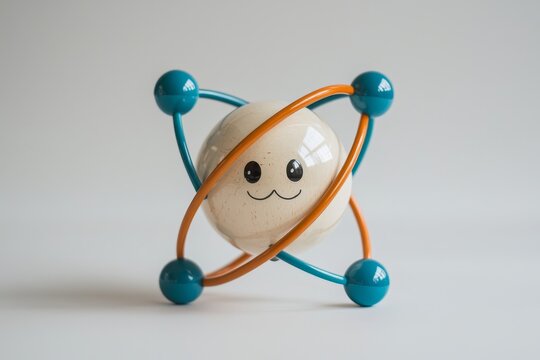 On a white background, a colorful representation of an atomic model depicting intersecting orbits and spheres of particles.