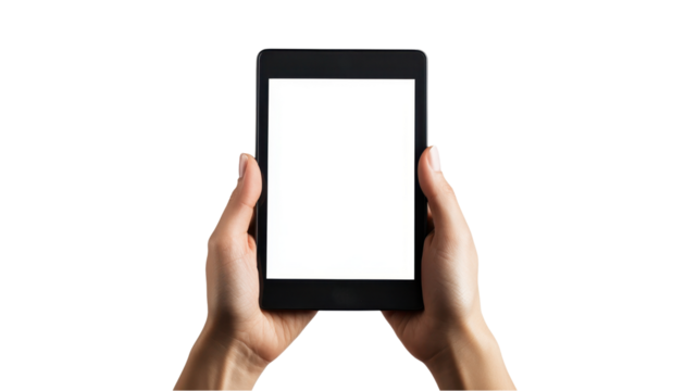 A person holds a blank tablet in front of a white background, suggesting potential for creativity or content display. transparent background