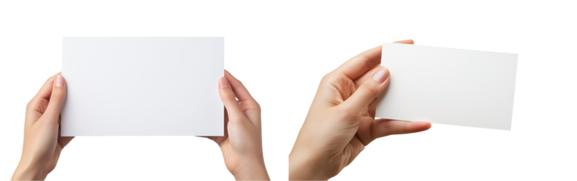 Two hands holding blank white cards against a white background, showcasing different angles and sizes of the cards. transparent background - Powered by Adobe