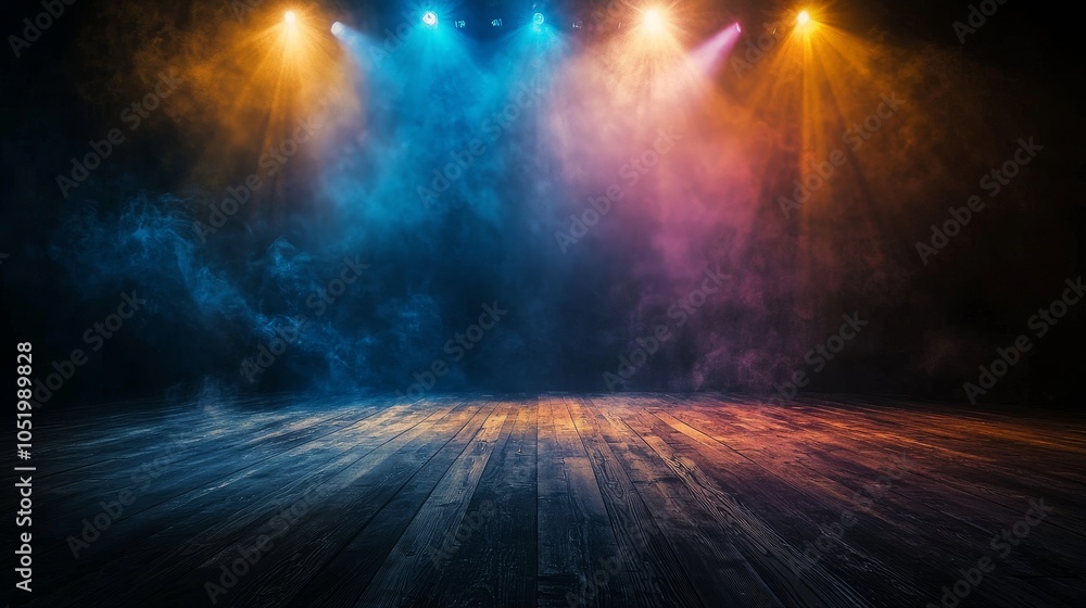 Poster Blue and purple spotlights cast a hazy glow on an empty stage, creating an anticipation of the upcoming performance