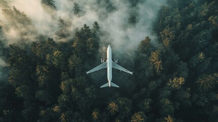 Naklejka premium White airplane flying over green trees, creating an aerial view of the airplane using sustainable biofuels
