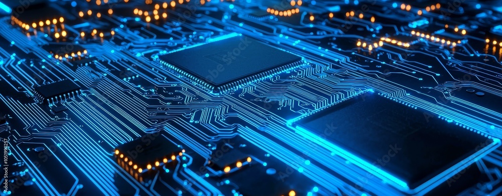 Poster Digital concept banner on a dark background with an abstract blue circuit board background with bokeh lights.
