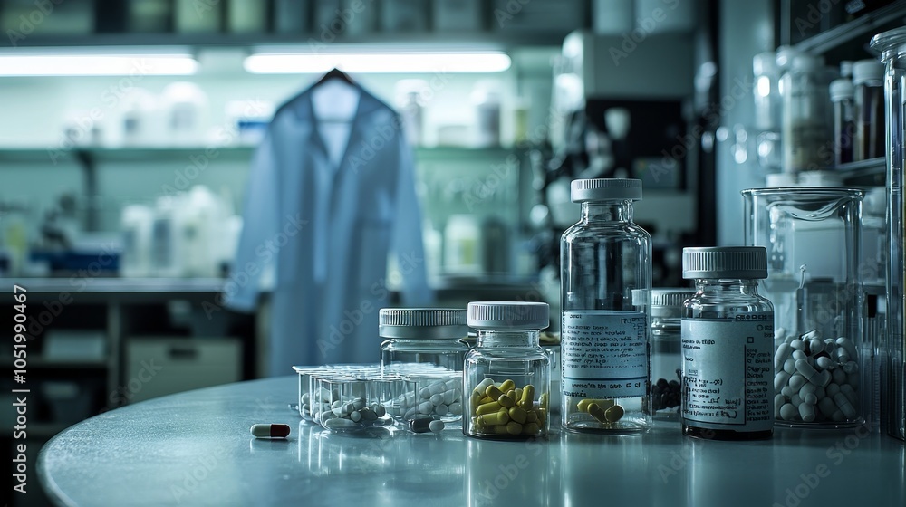 Poster It is filled with various pills and vials of medication in the foreground