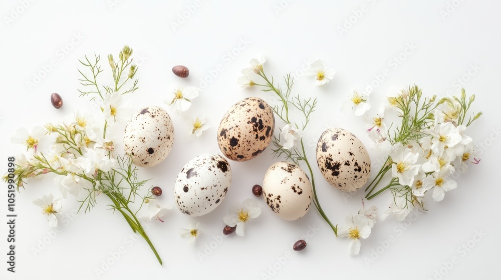 Poster easter quail eggs and flowers arranged on a white background capturing the essence of spring celebra