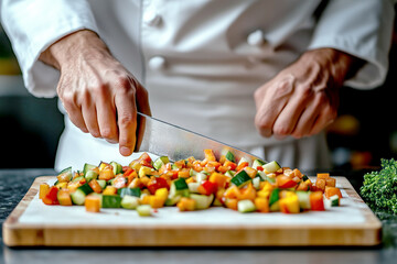 Chef slicing fresh vegetables on a wooden cutting board, preparing a colorful array of ingredients in a professional kitchen setting.

