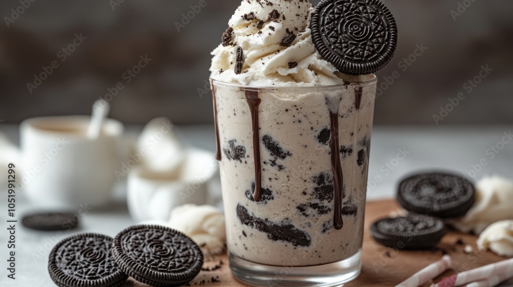 Poster oreo biscuit milkshake blended with ice cream and topped with additional ice cream presented in a gl