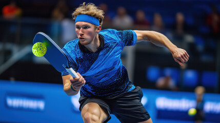 Dynamic photograph of professional pickleball player hitting ball with intensity
