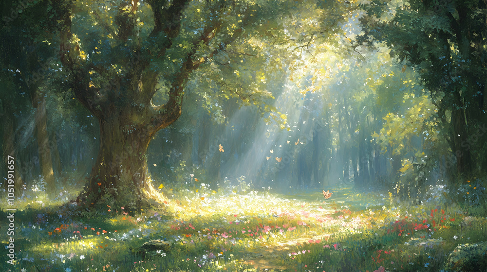 Poster sunlight streams through a lush green forest, illuminating a clearing with wildflowers and a pathway