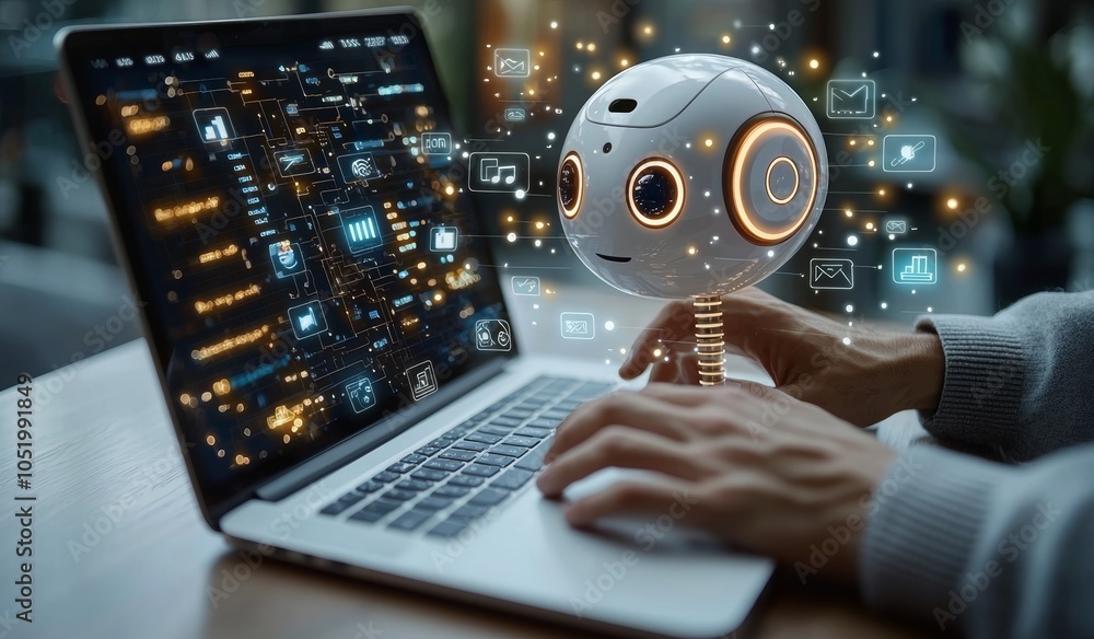 Poster Using generative AI for work support, human interacts with AI stock virtual assistant chatbots in LLM AI deep learning concept.
