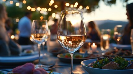 Intimate outdoor dining scene at sunset showcasing wine glasses and gourmet dishes with guests mingling in the background