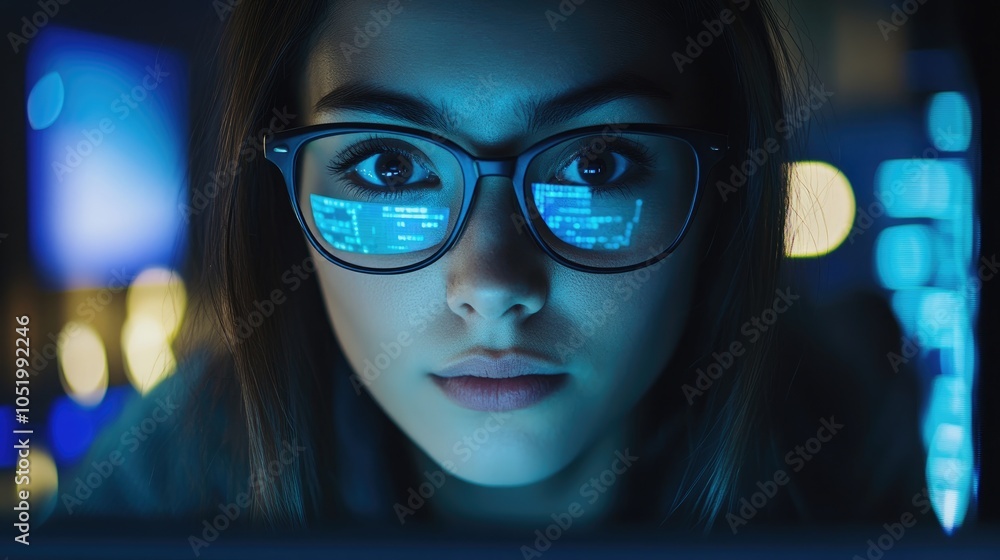 Poster cybersecurity risks female individual engaging in coding on a computer online security and data prot