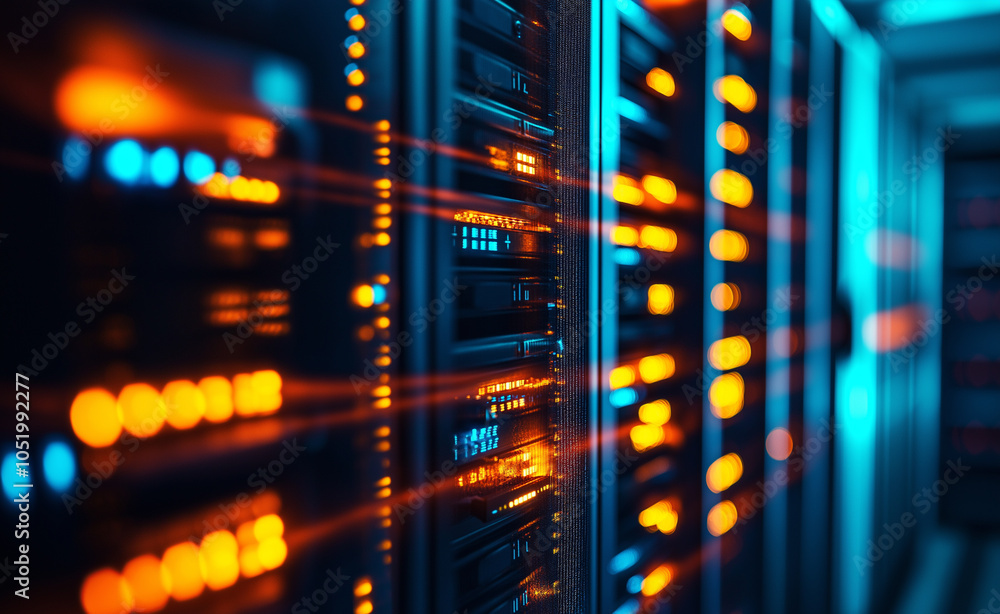 Poster close-up of data servers with glowing blue and orange lights, representing high-tech data processing