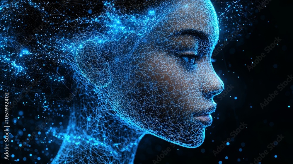 Poster using wireframes, this is an image of a woman's head without her eyes open.