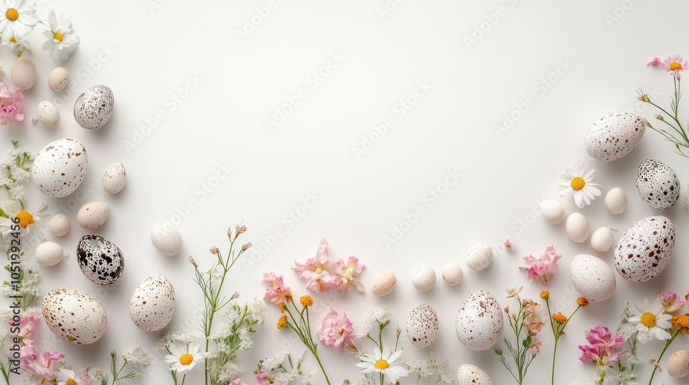 Poster easter quail eggs and flowers arranged on a white background capturing the essence of spring celebra