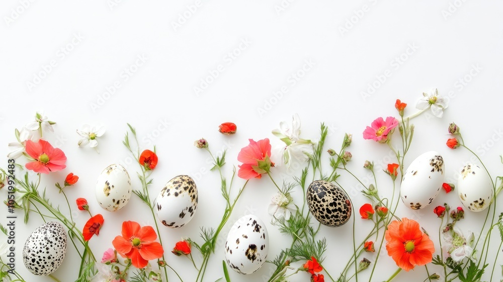 Aufkleber easter quail eggs and flowers arranged on a white background capturing the essence of spring celebra