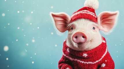 Dancing pig in festive attire against a blue backdrop