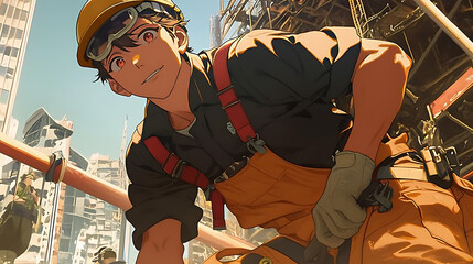 anime man wearing construction worker uniform working in urban area