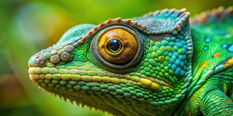 Fototapeta premium Vibrant Green Chamaeleo Calyptratus Yemeni Chameleon Close Up Macro Photography Image