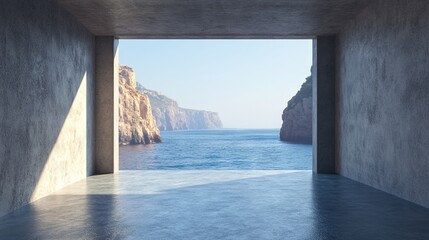 Minimalist Interior Design Concept with Sea View. AI generated illustration