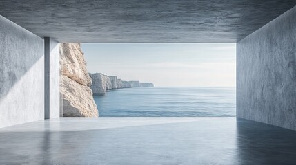 Minimalist Interior Design Concept with Sea View. AI generated illustration