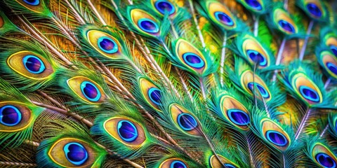 Obraz premium Detailed close-up image of vibrant peacock feathers displaying intricate patterns and textures