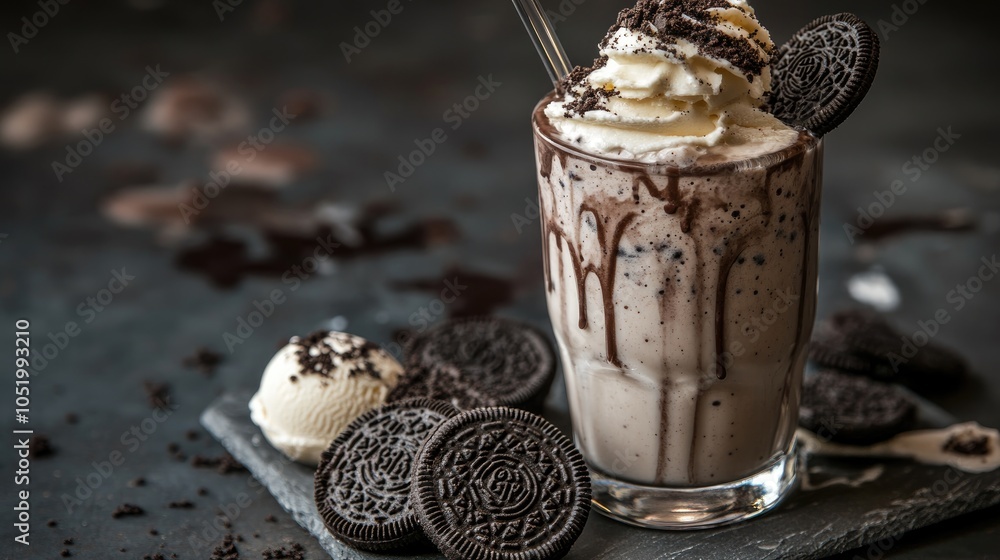 Poster oreo biscuit milkshake blended with ice cream and topped with additional ice cream presented in a gl