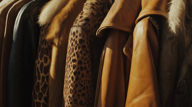 Rack of winter coats in various textures and colors, including faux fur and animal print, in a cozy boutique.